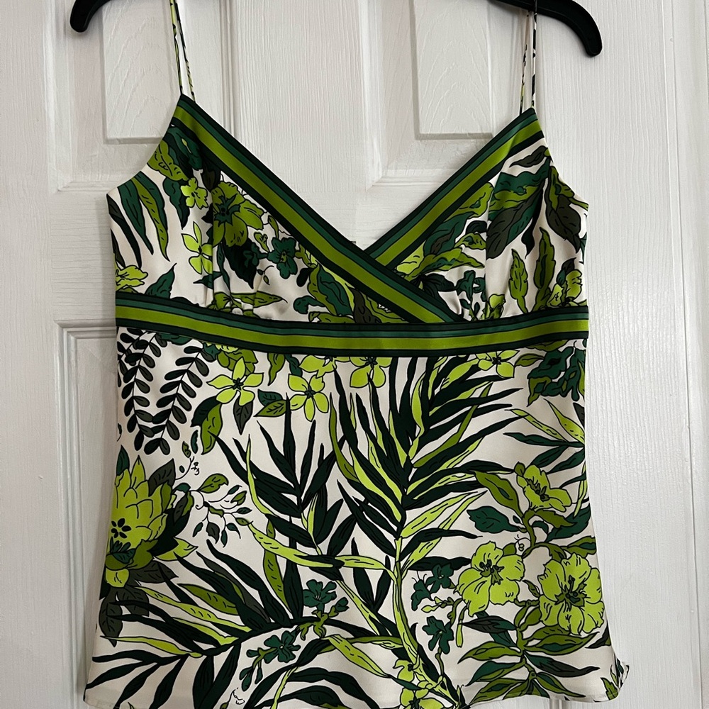 J.Crew 100% Silk Floral Camisole – Green & White Spring Print, Size 4 (NWOT)